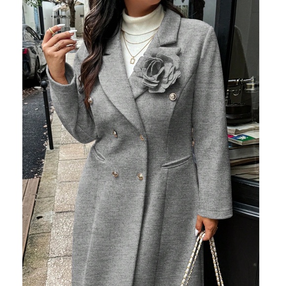 Classic Solid Double Button Floral Appliqué Mid Length Jacket Coat - Picture 7 of 13